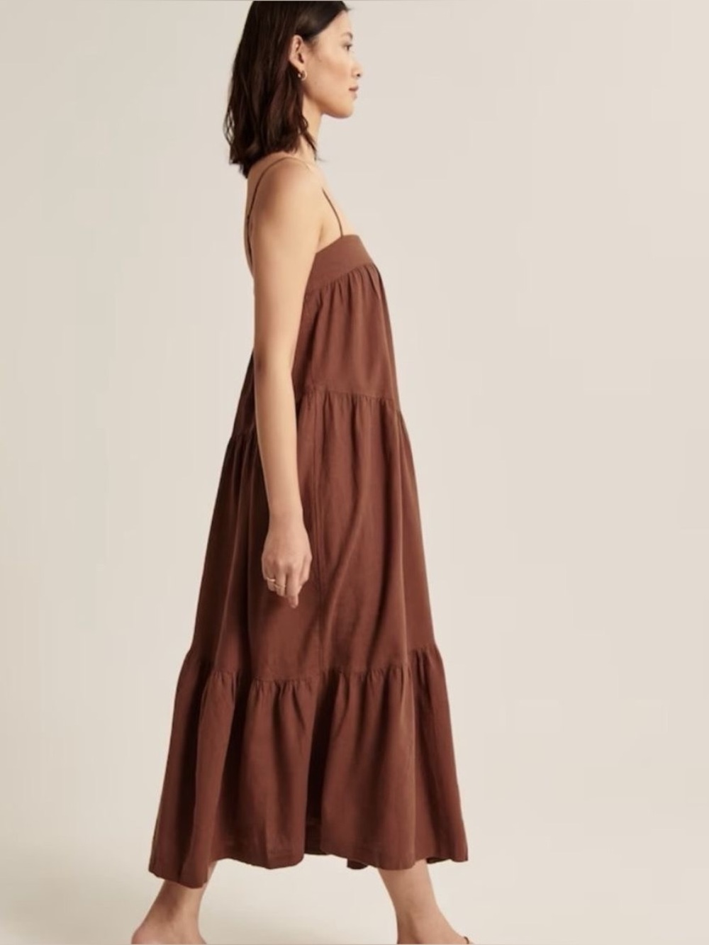 Rust Abercrombie & Fitch Asymmetrical linen blend Tiered Maxi Dress